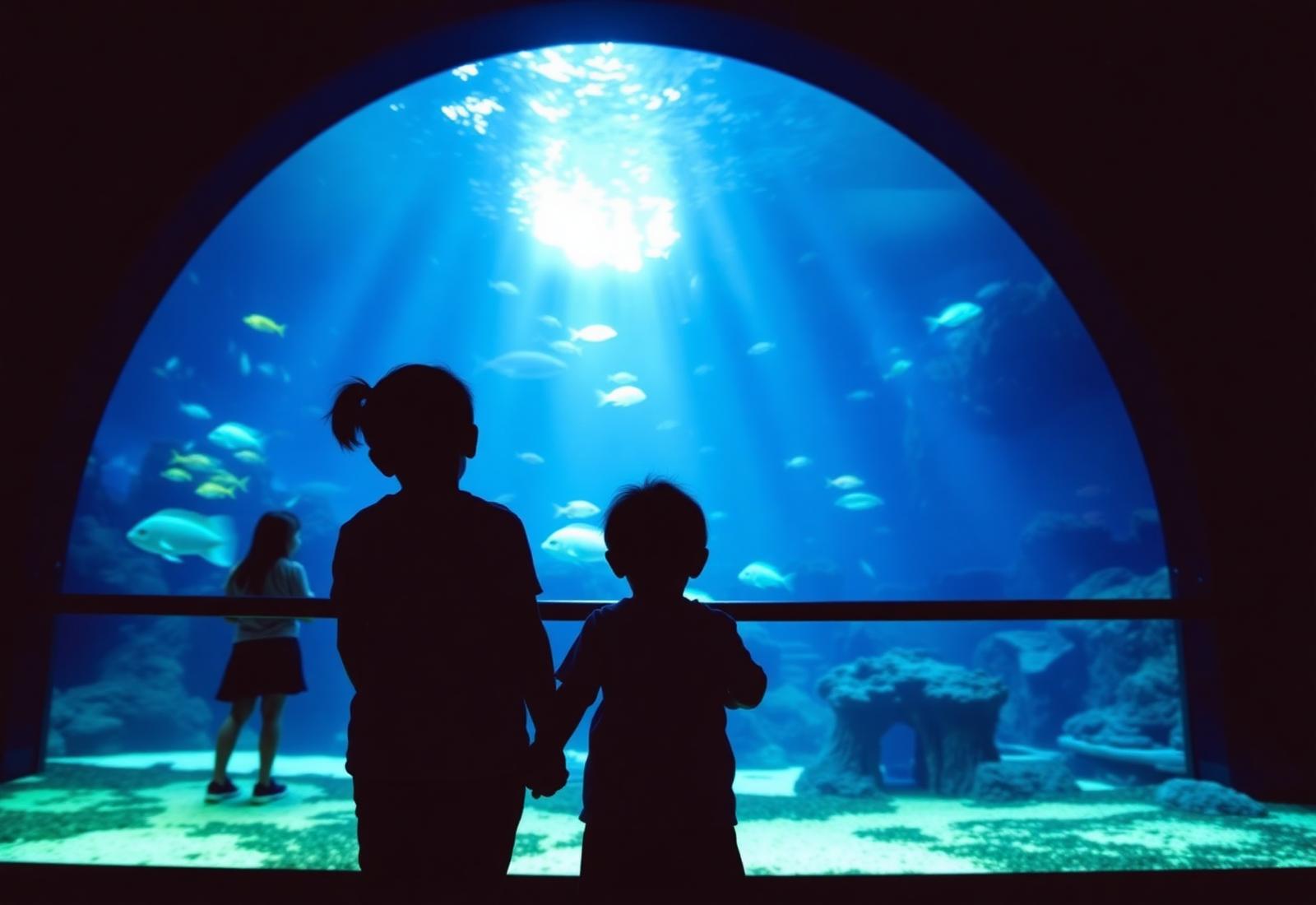 Family in front of a glowing aquarium tank